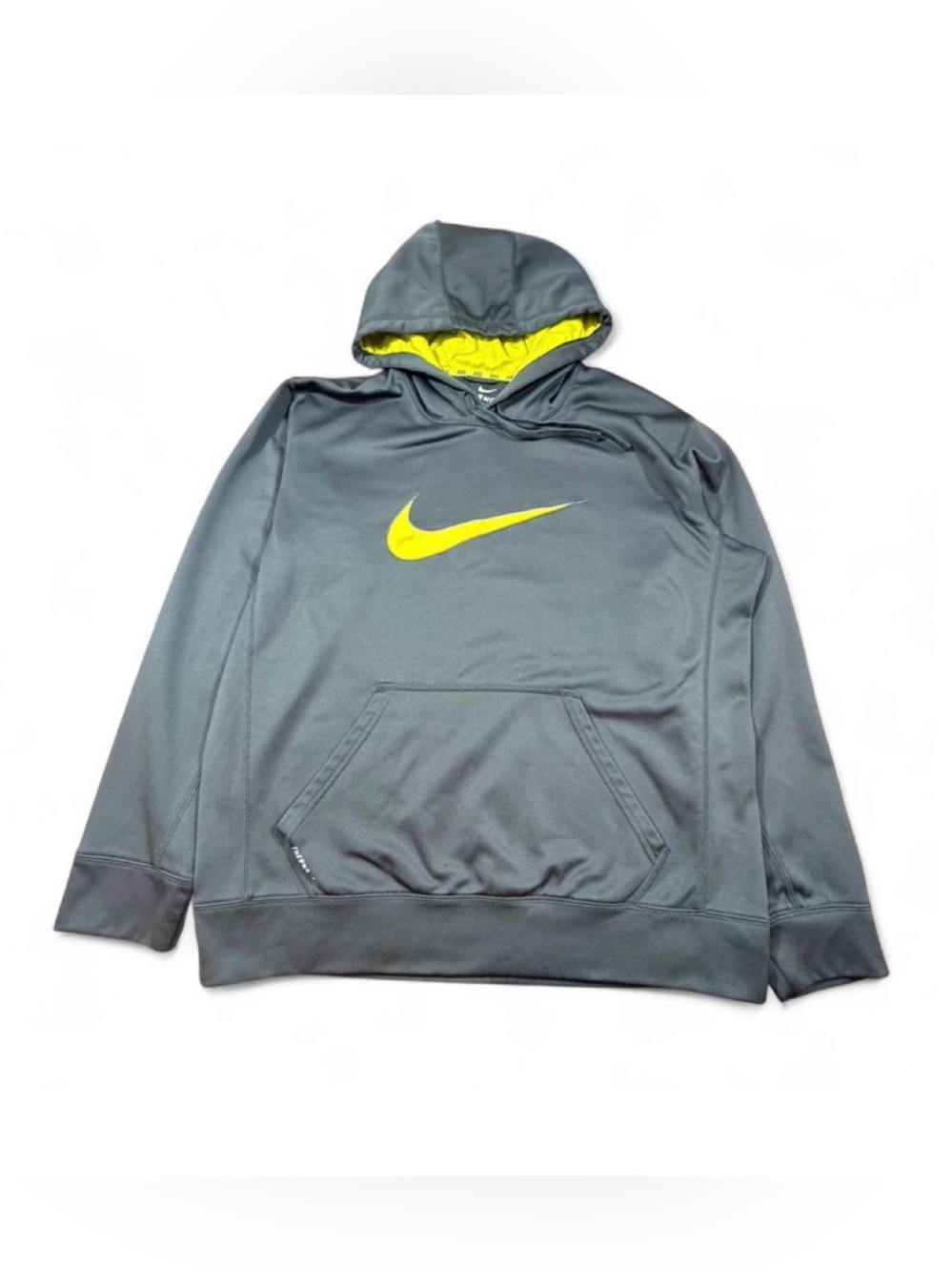 Nike Therma-FIT Gray Volt Yellow Pullover Hoodie Men's Large Athletic Sweatshirt